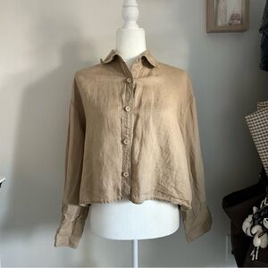 Zara Cropped Button-Down Long Sleeve Shirt in Beige Women’s Medium Lightweight